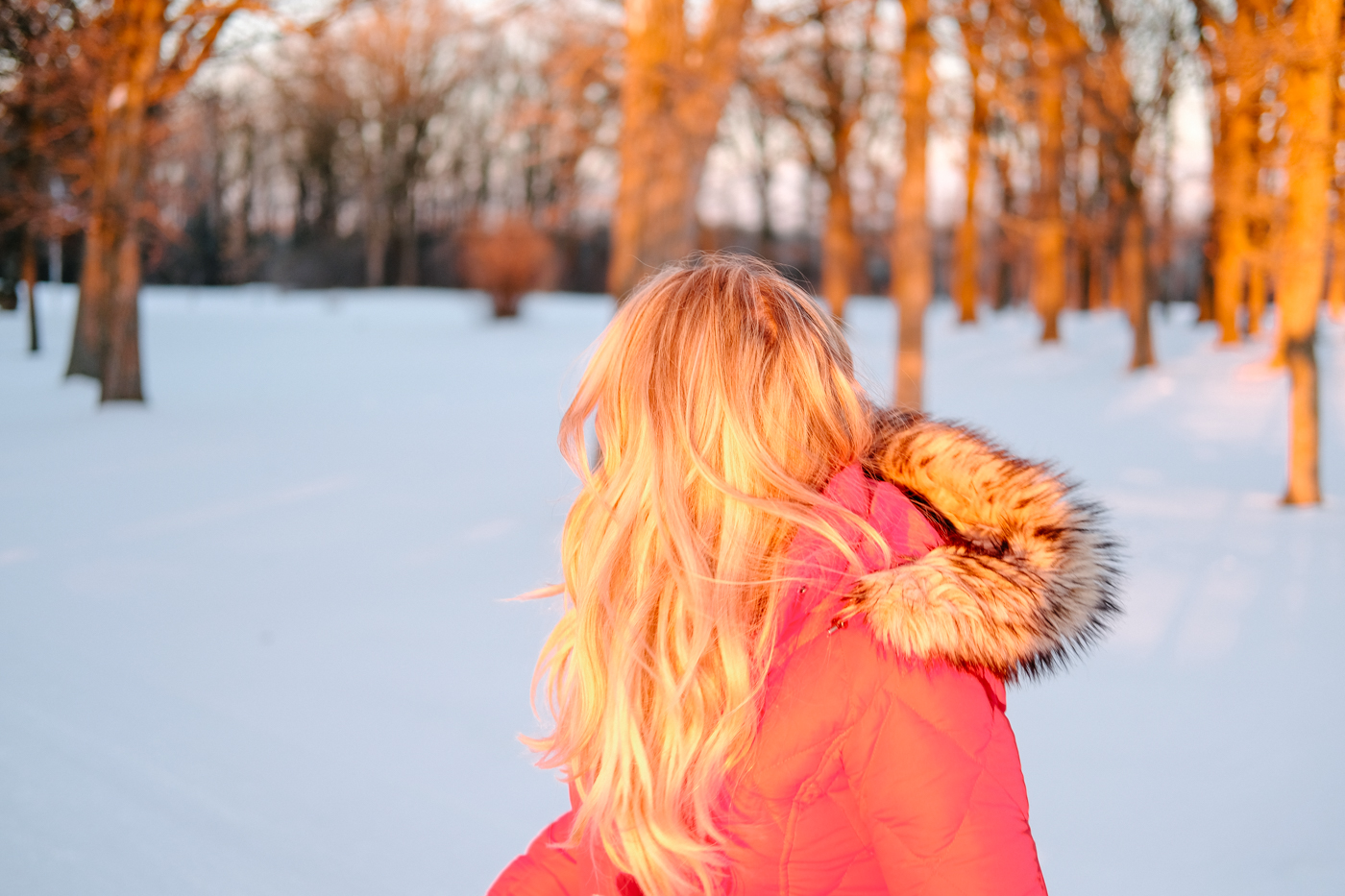 Debora Dahl in the snow with the sunset on her hair