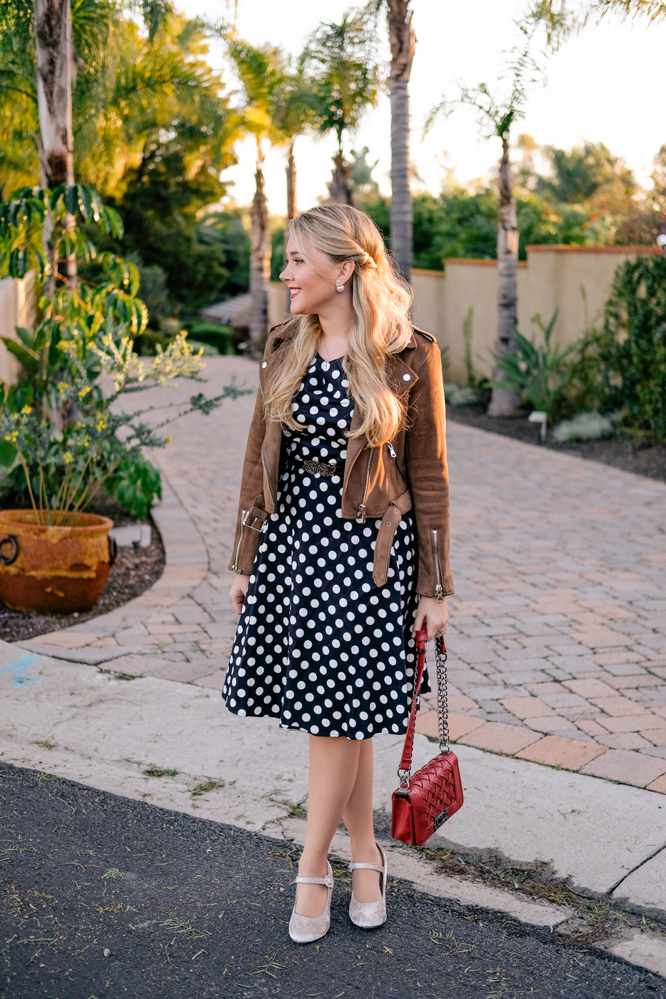 Debora Dahl polka dot dress and brown suede jacket