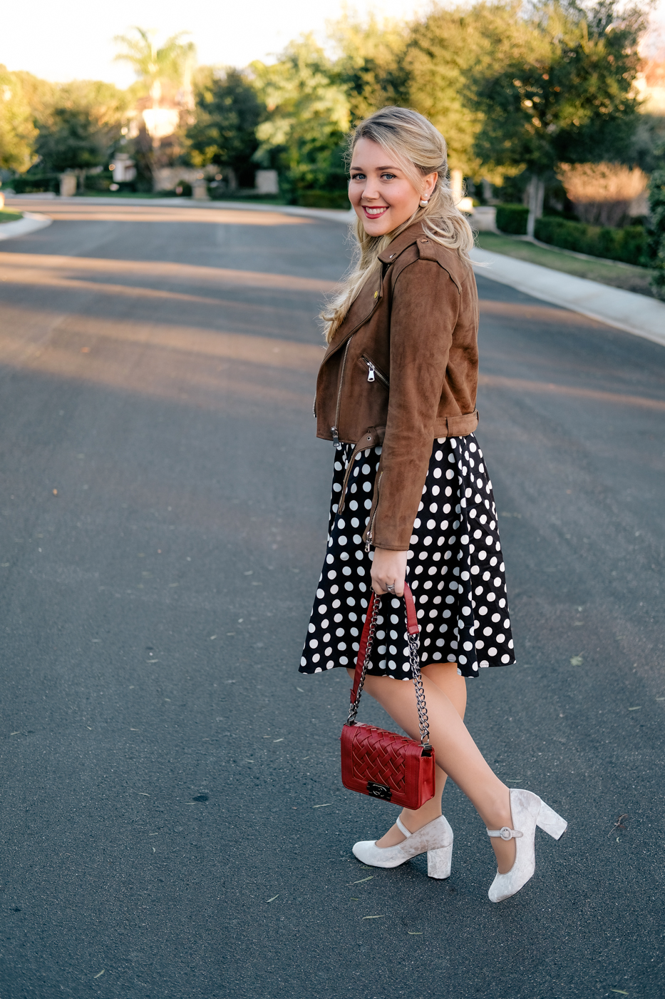 Debora Dahl polka dot dress brow suede jacket and velvet shoes