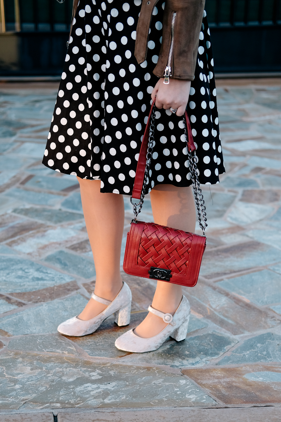 Debora Dahl velvet shoes and polka dot dress
