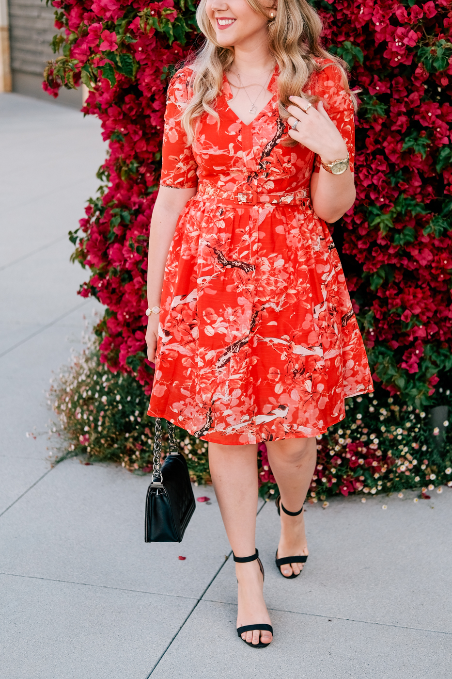 Debora Dahl, red dress, black heels