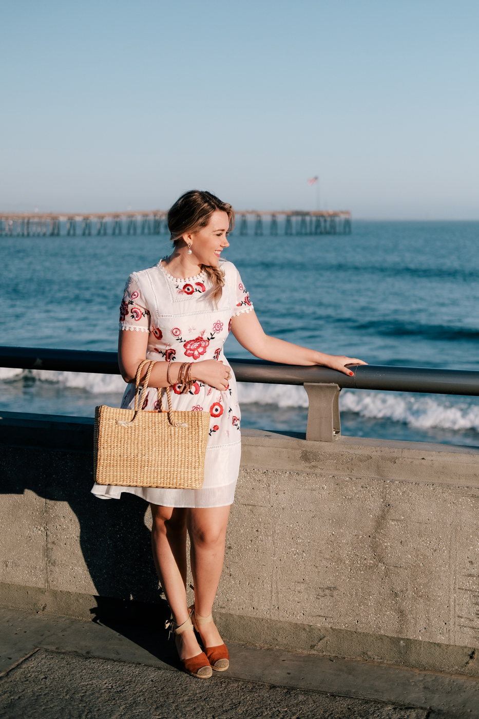 Debora Dahl, embroidered dress, basket bag