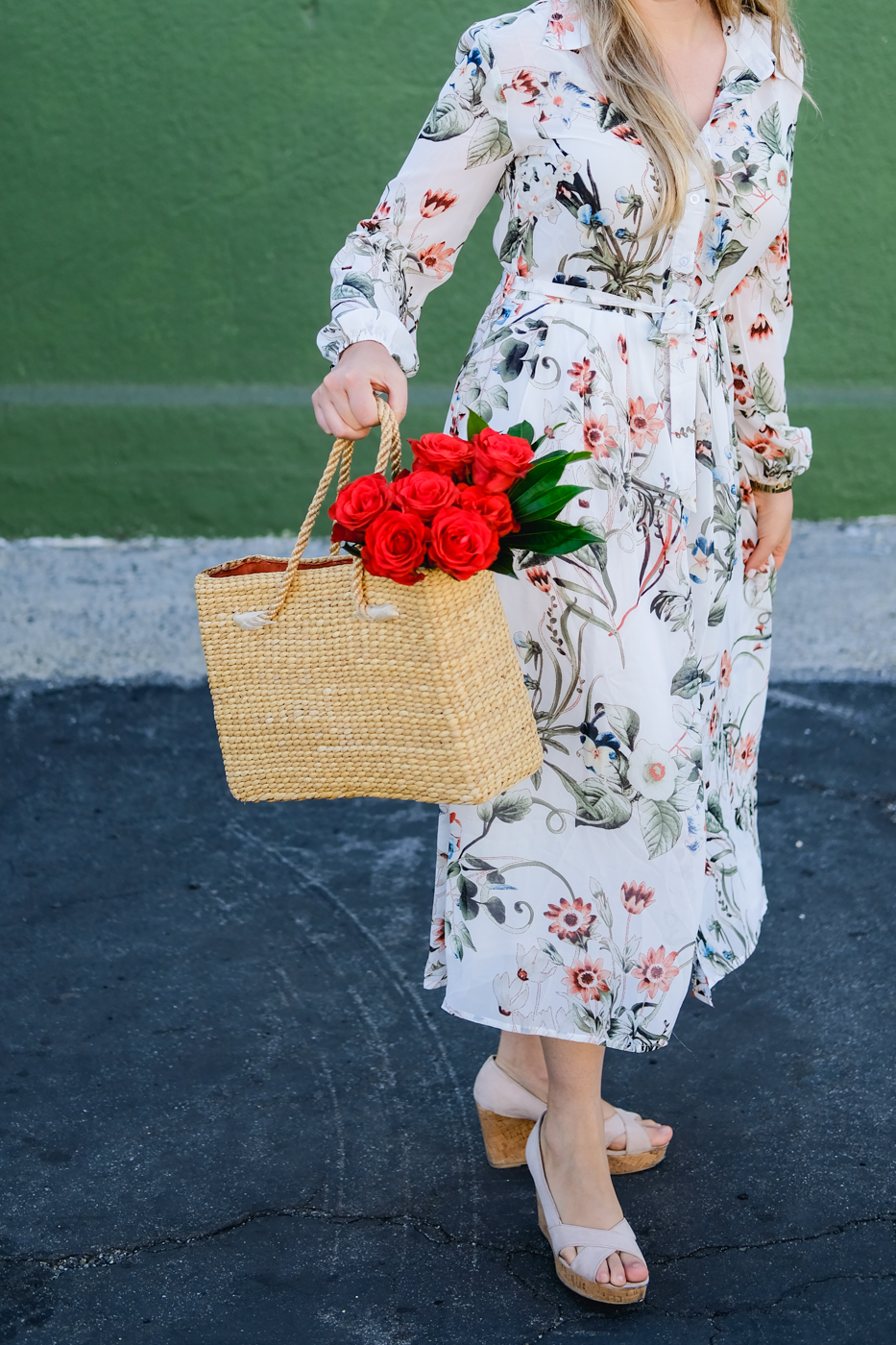 Calico Print Shirt Dress With Self Tie, straw bag with flowers