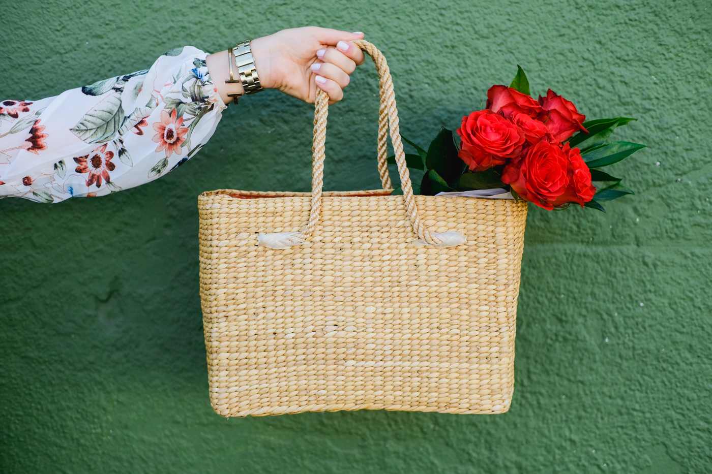 Debora Dahl, bolsa de palha com flores, straw bag